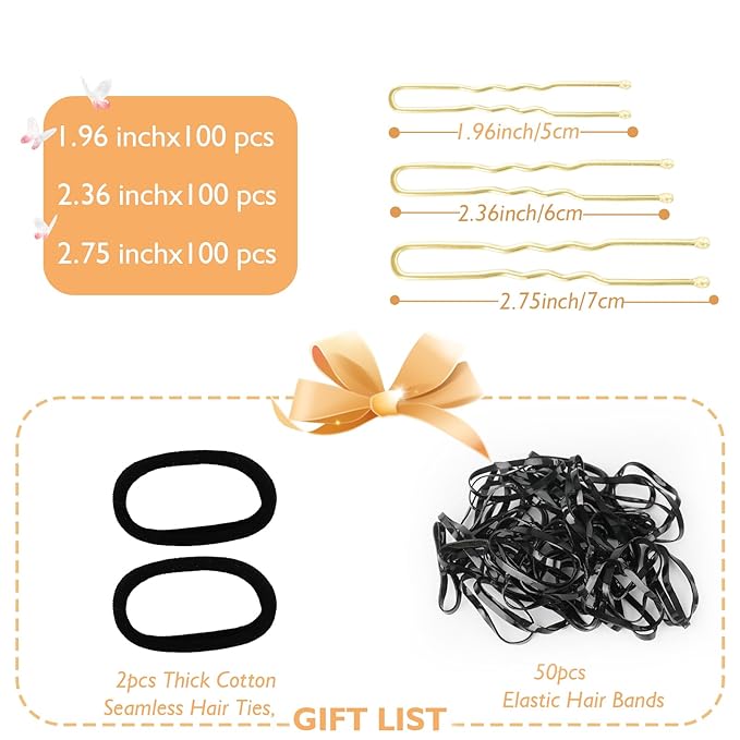 300Pcs U-Shaped Hair Pins in Varying Sizes (2.8IN, 2.4IN, 2IN), Bobby Bun Pins for Women, Kids, and Girls - With Storage Box and 50Pcs Elastic Hair Bands for All Hair Types, Gold