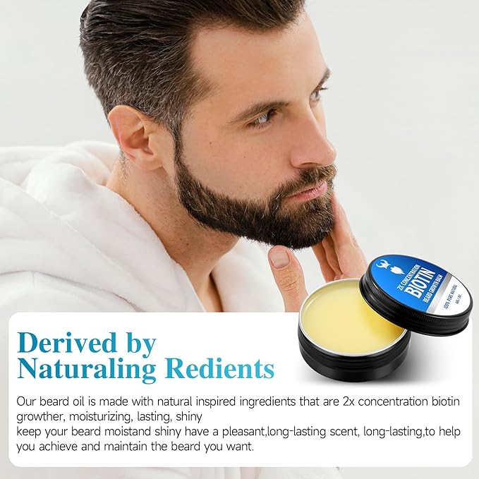 Beard Balm，2X Concentration Biotin Beard Balm for Men (2 oz) - Natural Mens Beard Oil with Castor Oil，Argan Oil, Jojoba Oil and Vitamin,Thickening for Beard，Beard Growth Softener