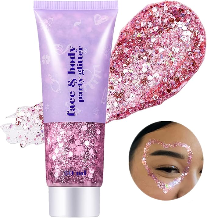 Go Ho Pink Face Body Glitter Gel,Singer Concerts Pink Face Paint Makeup Holographic Chunky Sequins Glitters for Hair/Nails/Lip,Music Disco Outfit for Women,Festival Accessories,52g