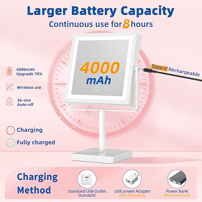 Ruacq Rechargeable Makeup Mirror, 4000mAh Lighted Makeup Mirror with Magnification 1X/10X, Height Adjustable Vanity Mirror with Lights, 3 Color Lights, Adjustable Brightness, 360°Rotation (White)