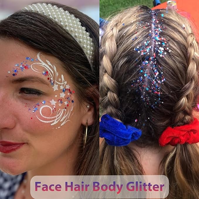 Mysense Patriotic USA Flag Face Hair Glitter for Independence Day Memorial Day Veterans Day, 4th of July Outfits and Accessories for Women Kids, 08# Red White and Blue Glitter Stick, 0.56oz
