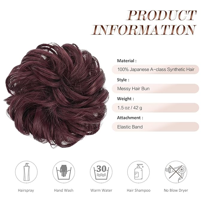 FESHFEN Messy Bun Hair Piece - Wavy Synthetic Chignon Scrunchies for Instant Volume, Elastic Bun Ponytail Hair Extensions Thick Hairpieces for Women, Wine Red 1.50 oz