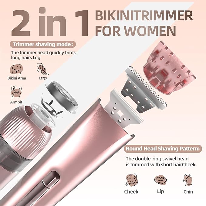 Bikini Trimmer for Women, 2 in 1 Electric Razors for Women, Bikini Shaver with Dual Heads, Body and Facial Hair Removal, IPX7 Waterproof Wet & Dry Use, for Face Chin Pubic Underarm Legs