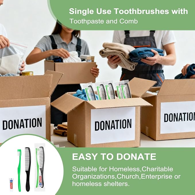 Green Disposable Toothbrushes with Toothpaste and Comb - Pack of 30,Individually Wrapped Single Use Travel Toothbrushes Kit Bulk for Homeless,Guests,Hotel