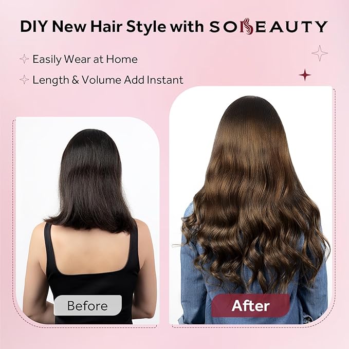 Clip in Hair Extensions Real Human Hair, 100% Remy Chocolate Brown Hair Extensions for Long Hair, Tangle-free&Shedding-free, #4 24Inch 120G 7PCS