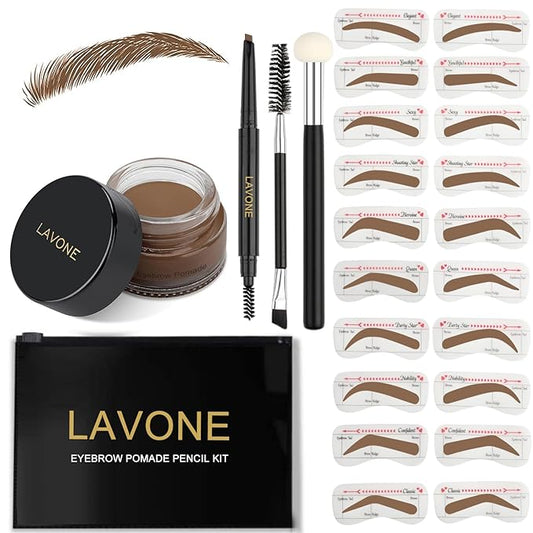 LAVONE Eyebrow Stamp Stencil Kit, Brow Stamp Trio Kit with Waterproof Eyebrow Pencil, Pomade, 20 Eyebrow Stencils, Dual-ended Eyebrow Brush and Sponge Applicator - Medium Ash Brown