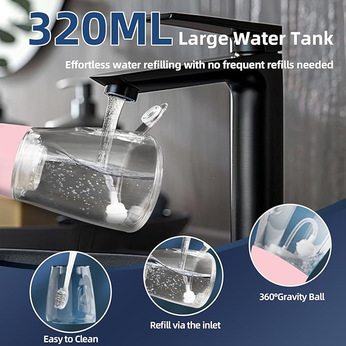 Water Dental Flosser Pick for Teeth Portable Oral Irrigator Rechargeable Travel Irrigation Cleaner 320ML Electric Flossing, IPX8 Waterproof, Waterproof Flossing Cleaning Picks for Home Travel (Pink)