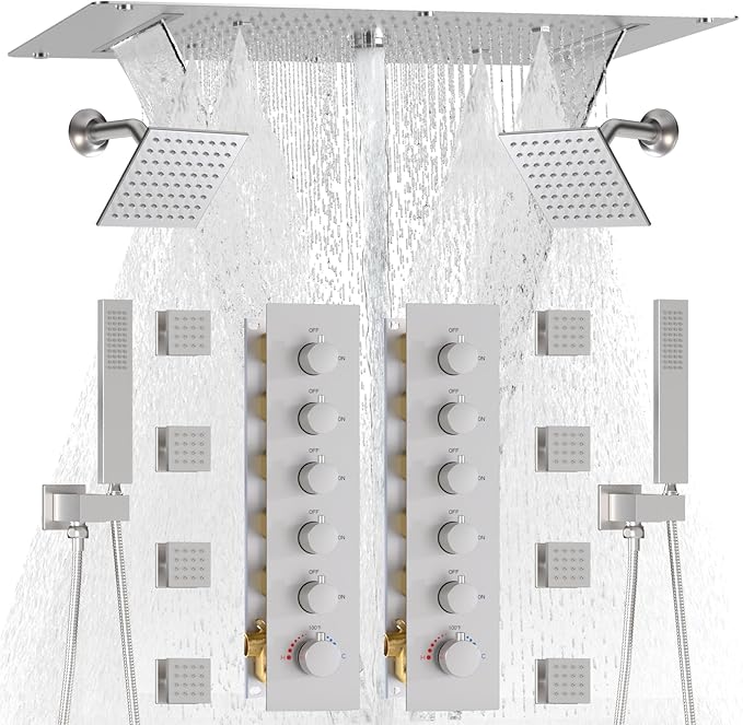 HOMEDEC Couples Luxury Shower System, 15x28" Rain 4-Function and 6" Side Shower Heads, 5-Way Diverter Valves Shower Faucet Set, Brushed Nickel