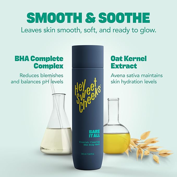 HEY SWEET CHEEKS BHA Salicylic Acid Body Wash with Oat Milk, Blemish Body Wash for Back Blemishes, Bacne, Cleanser for Clear, Smooth Skin, Bare It All, 9.64 oz