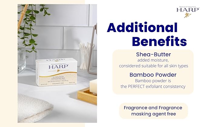 HARP® Exfoliating Body Wash Bar – pH Balanced Syndet Cleanser with Bamboo Powder, FRAGRANCE-FREE, Soap-Free & No Lye, Non-Comedogenic, Gentle Exfoliation for Smooth Skin, 5 oz