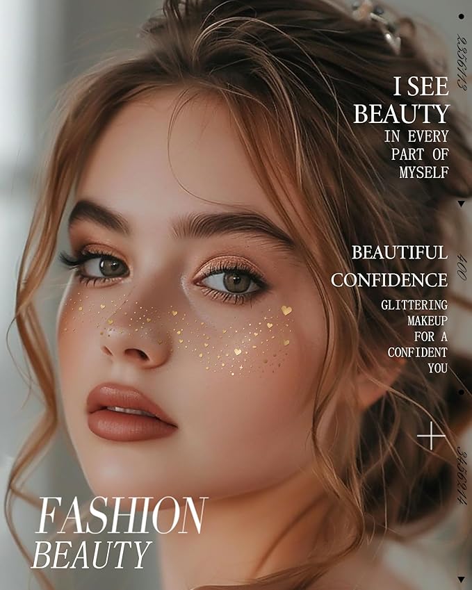 Glitter Freckles, Body Face Glitter for Women Girls, Waterproof Glow Up Singer Concerts Festival Rave Accessories (Gold - Hearted)
