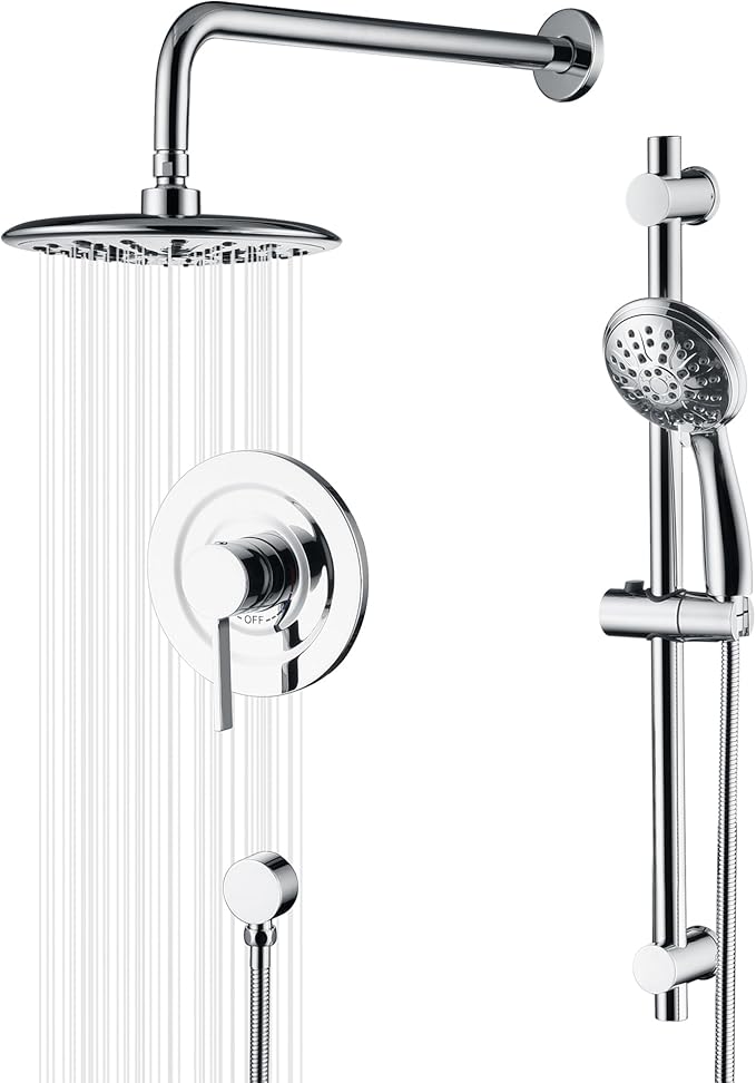 sumerain Modern Bathroom Shower System with High Pressure Rainfall Shower Head, 3-Setting Handheld Shower and Adjustable Slide Bar, Valve Included, Chrome Finish