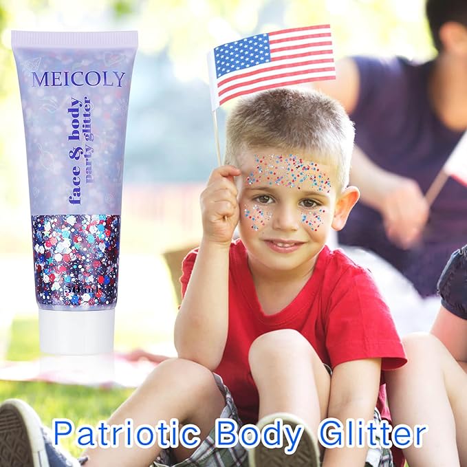 MEICOLY Red White and Blue Body Glitter,4th of July Patriotic Accessories Hair Glitter for Kids,4th of July Outfits for Women,Self-Adhesive Face Glitter for President's Day Veterans Day