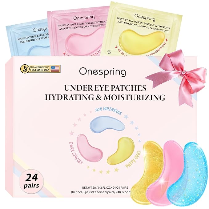 Onespring Eye Masks (24 Pairs) - Gifts for Her - Caffeine, 24K Gold and Retinol Under Eye Patches for Puffy Eyes, Dark Circles & Fine Lines, Bachelorette Party Favors, Birthday, Valentine's Day Gift