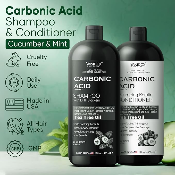 VANIDOX Carbonic Acid Shampoo and Conditioner for Men and Women, Deep Moisturizing Set, Enhances Hair Growth and Repair, Made in USA - 16 Fl Oz Each, Cucumber and Mint Scent