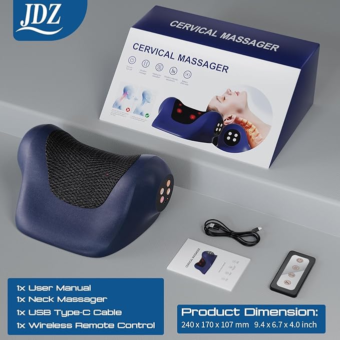 JDZ Neck Massager with Heat, 3-in-1 Electric Cervical Massager for Pain Relief with Hot Compress, Ergonomic Neck and Shoulder Relaxer Stretcher - ldeal Gift for Office Athletes Everyone etc, Blue