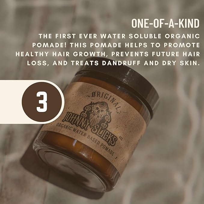 Johnny Slicks Water Based Pomade | Strong Hold, High Shine, All Organic Styling for Men | Promotes Healthy Hair Growth & Helps Hydrate Dry Skin (Rugged, 4 Ounce) US Made, Veteran Owned