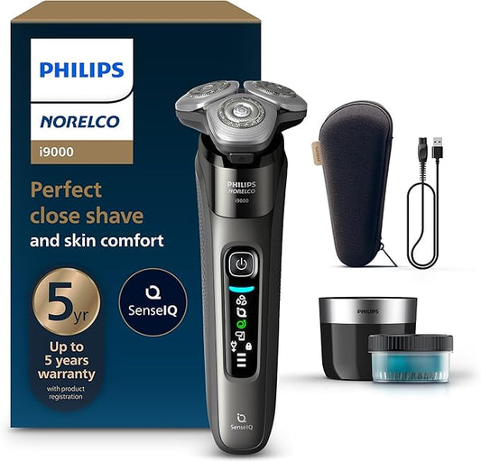 Philips Norelco Shaver i9000, Wet & Dry Electric Shaver, Dark Slate, SenseIQ Technology, Triple Lift & Cut System, 360 Rotating Dual SteelPrecision Precision Blades, Quick Clean Pod, X9002/82