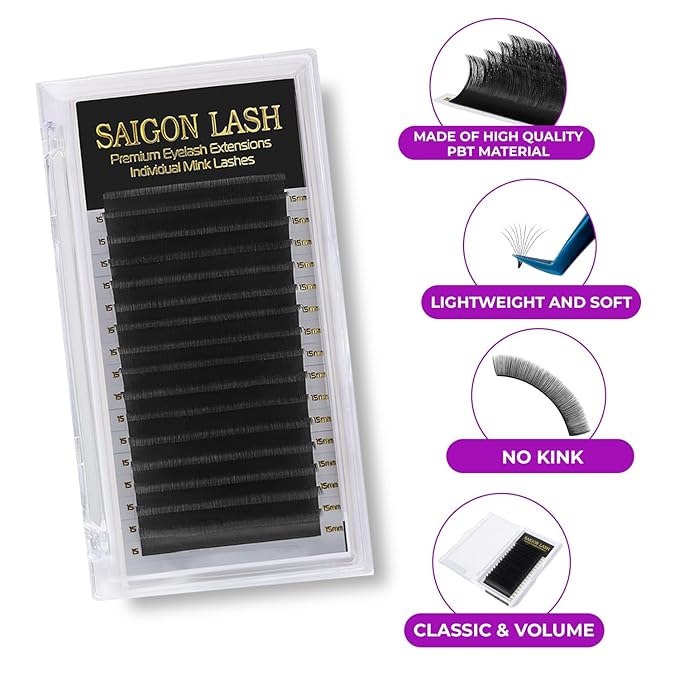 Eyelash Extensions, Mink Lash, Volume & Classic Lashes for Professionals, J/B/C/CC/D/L/M Curl, 4-15mm Length, Soft Korean PBT Fiber, 16 Rows Lash Tray (Black-C-0.12-14mm)