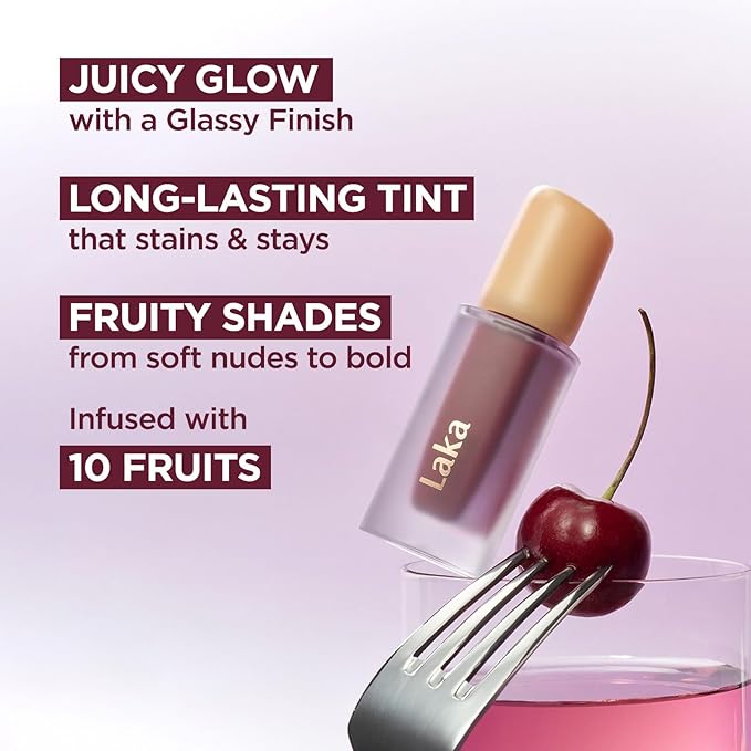 Laka Fruity Glam Tint, 4.5g/0.15oz, Glowing Lip Stain with Wide Color Spectrum, Hydrating & Lightweight Texture, Buildable Color, Non-Sticky, Vegan, K-Beauty (#147 Currant)