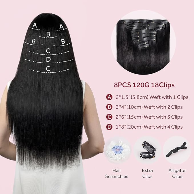 Clip in Hair Extensions Real Human Hair Natural Black Seamless Clip In 100% Remy Hair Extensions PU Skin Weft Add Volume Invisible for Long Straight Hair #1B 18Inch 120G 8PCS