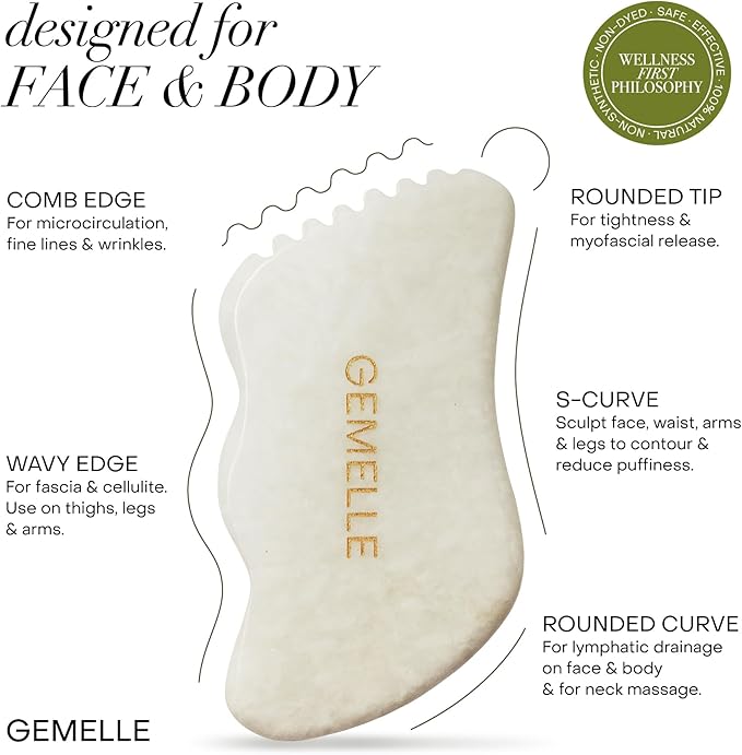 GEMELLE White Jade Gua Sha Tool | 10x Award Winner | Pure Jade Gua Sha Stone, Face Sculpting Tool, Gua Sha Facial Tools, Lymphatic Massage, Body Gua Sha Tool, Guasha Tool for Face | Gifts for Women