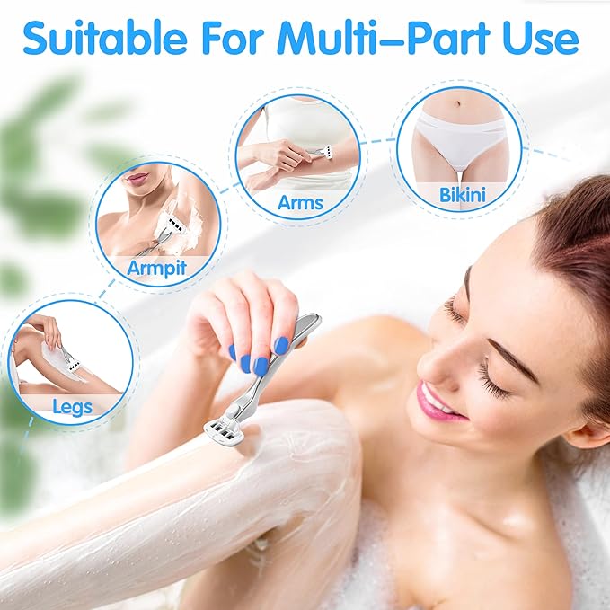 Razors for Women Include 1 Non-Slip Metal Handle and 7 Blade Refills, 5 Premium Blades Women's Razors for Shaving with 360° Lubrication Reduces Irritation, Silver