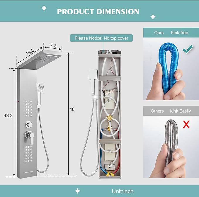 KINKIB LED Shower Panel Tower System with Rainfall Waterfall Shower Head, 5-in-1 Shower Tower with Powerful Body Jets, Handheld and Tub Spout, Shower Column Stainless Steel, Brushed Finish