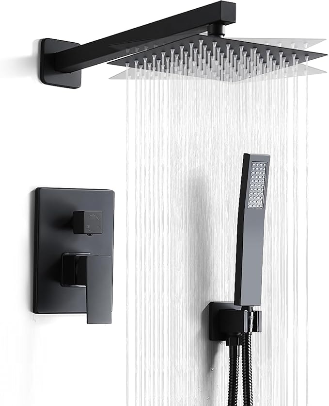 RTTWYYUU Matte Black Shower Head and Handle Set 8 Inch, Rain Shower Head with 2 Hooks, Luxury Rain Shower Set Square Wall Mount for Bathroom with Rain Shower and Handheld Shower System
