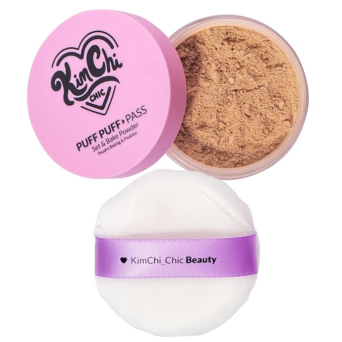 KimChiChic Beauty Puff Puff Pass Set and Bake Setting Powder for Makeup, Extra Fluffy Loose Face Powder Poof, Soft Natural Face Makeup for Uneven Skin Tone, 05 Suntan