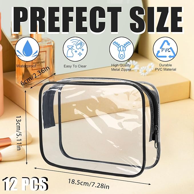 Eilyliafe 12 Pcs Clear Toiletry Bag PVC Waterproof Zippered PVC Cosmetic Makeup Carry Pouch TSA Approved Toiletry Bag for Travel Clear Organizer Storage Bags (Medium, Black)