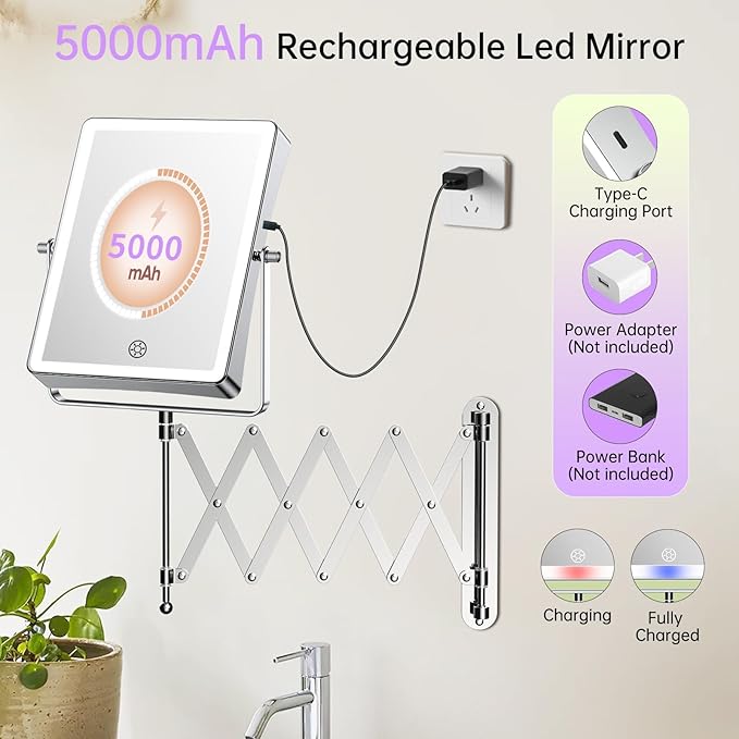 FASCINATE 5000mAh Rechargeable Wall Mounted Makeup Mirror with Lights, 8.7 Inch Double Sided Touch Switch 1X 30X Magnifying Bathroom Mirror, 3 Color Lights Dimmable Extended Arm 360°Rotation (Chrome)