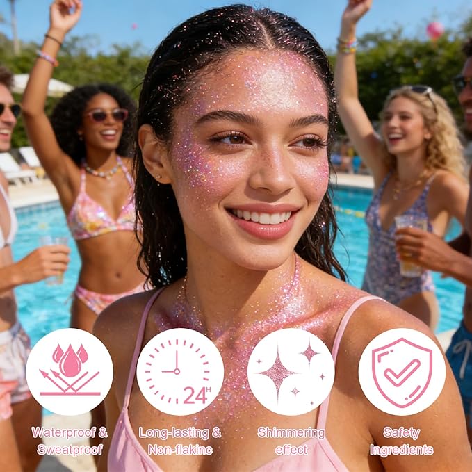 Roll-on Holographic Body Glitter Gel for Face and Hair, Chameleon Color Changing Glitter Gel Under Light, Chunky Mermaid Sequins Festival Party Rave Accessories (Pink)