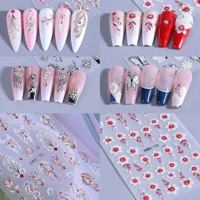 4 Sheets Flowers Nail Stickers 3D Self Adhesive Floral Nail Art Stickers Design Spring Summer Floral Leaf Plant Nail Supply Flower Nail Decals for Women Girls DIY Manicure Decoration