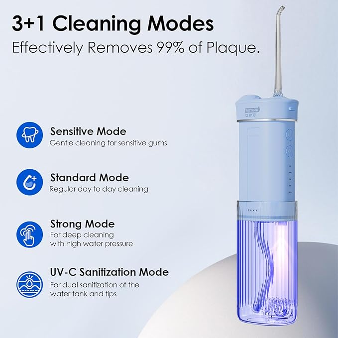 Hooyapik Portable Eco-Friendly Water Flosser 225ML Long-Lasting Endurance Travel Oral Irrigator for Gum Care/Implants/Braces (Blue)