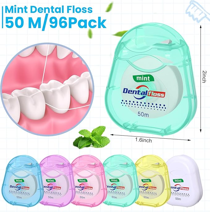 Geiserailie 96 Pack Dental Floss Bulk Mint Flavored Floss 50m Each Travel Dental String Oral Care for Teeth Protection(Teardrop Shaped Box)
