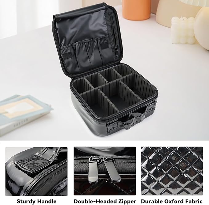 SLUMAZI Travel Makeup Bag Makeup Cosmetic Train Case Organizer Portable Storage Bag with Adjustable Dividers for Cosmetics Makeup Brushes Toiletry Jewelry Black Laser Grid Pattern