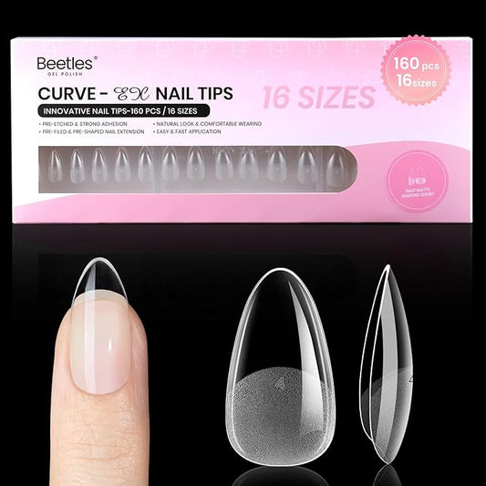 Beetles Gel Nail Tips Curve-EX Almond Short, 160pcs 16 Sizes, Etch-X Half Matte Full Cover Soft Acrylic False Clear Press on Nail Tips Easy DIY Nail Extension Art Salon for Curved & Natural Nail Beds