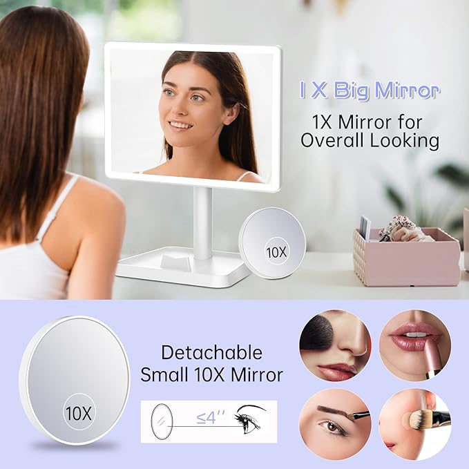 FUNTOUCH Large Makeup Vanity Mirror with Lights, Rechargeable Lighted Desk Makeup Mirror with 96 LED Lights and 10x Magnifying Mirror, 3 Color Lighting, Light up Make up Mirror with Phone Holder