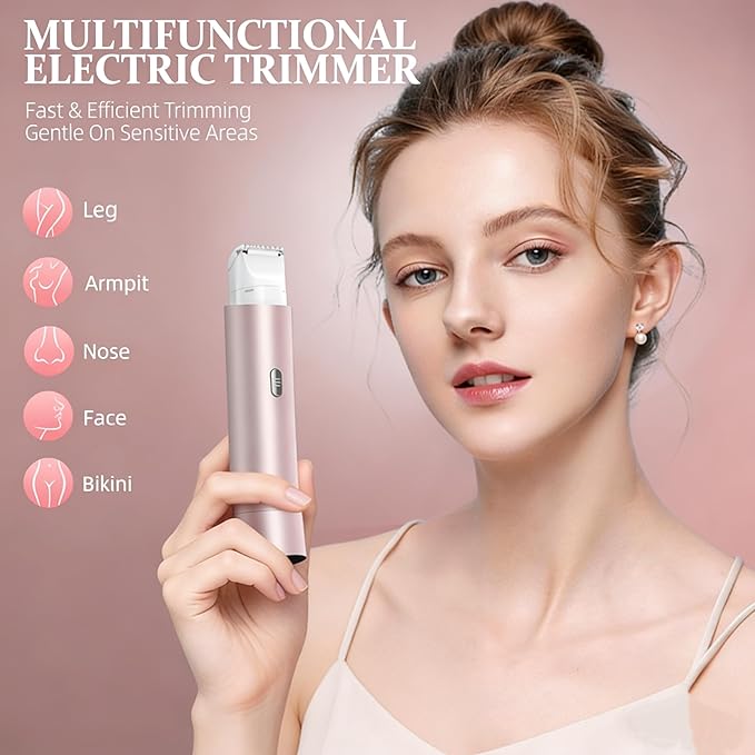 Bikini Trimmer for Women 2-in-1 Electric Shaver and Razors IPX8 Waterproof for Wet & Dry Use Painless Hair Trimmer Removal for Body, Underarms, Legs and Face for Sensitive Skin,Rose Pink