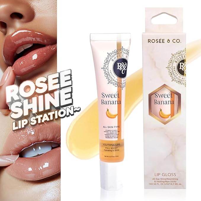 Rosee Lip Gloss Vegan & Cruelty Free Treatment, Professional Make up, Long Lasting Glossy with Shea Butter, Moisturize, Protect & Smooth, High Shine, Non-Sticky (s. Sweet Banana, 0.5)