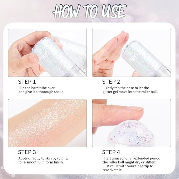 Silver Rolling Glitter for Face Body & Hair, Sparkling Holographic Chunky Shimmer, Roll-on Sequins for Singer Concert Rave Festival Halloween Party Carnival, 1.35fl.oz