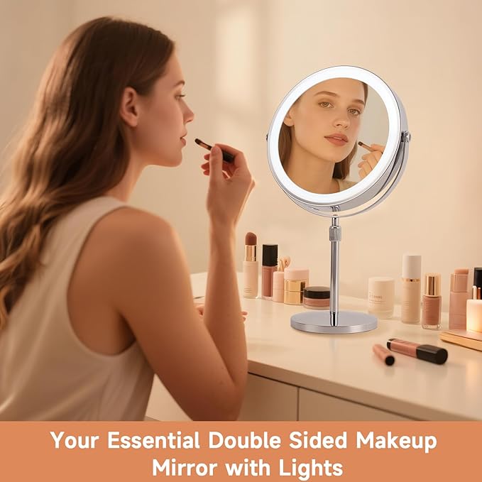 1X/30X Magnifying Makeup Mirror with Lights - 9" Large Dual-Sided Vanity Mirror with 3 Color Lights for Women's Travel Cosmetic Mirror | 3000 mAh-USB Rechargeable | 360° Rotation | Adjustable Height