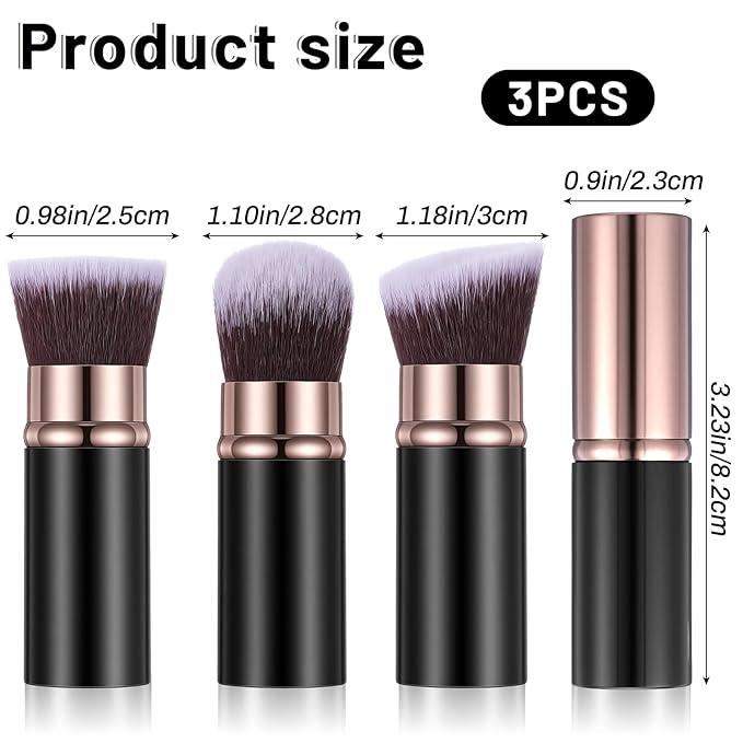 LXUEJIE 3 Pack Retractable Makeup Brush, Travel Kabuki Foundation Brush Portable Powder Foundation Brushes Face Blush Brushes for Blending Liquid Blush Bronzer Buffing Sunscreen Cosmetics(Black Gold)
