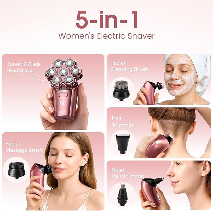 Electric Razors for Women Legs : 5-in-1 Rechargeable Body Shaver, 7D Wet & Dry Bikini Trimmer, IPX7 Waterproof Lady Hair Remover for Face Underarms Pubic, Rose Pink