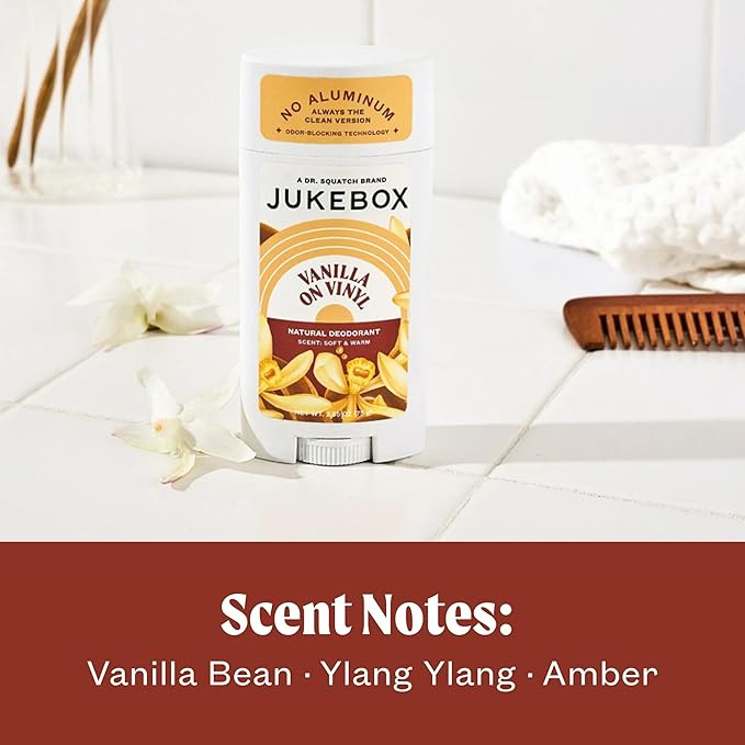 JUKEBOX Natural Deodorant for Women–Vanilla on Vinyl-Aluminum-Free, No Baking Soda, No Harsh Chemicals, Odor Blocking Technology, Vanilla Bean, Ylang Ylang, Amber-a Dr. Squatch Brand-2.65oz, 2 Pack