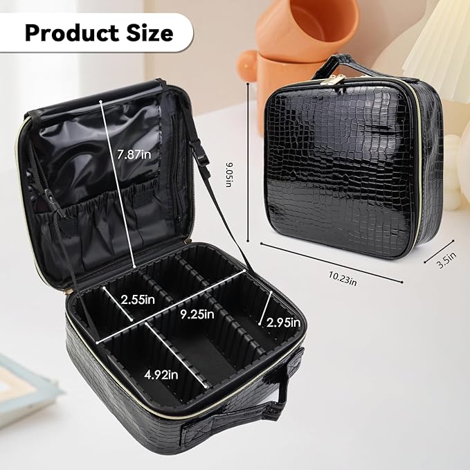SLUMAZI Travel Makeup Bag Makeup Cosmetic Train Case Organizer Portable Storage Bag with Adjustable Dividers for Cosmetics Makeup Brushes Toiletry Jewelry Black Crocodile Pattern