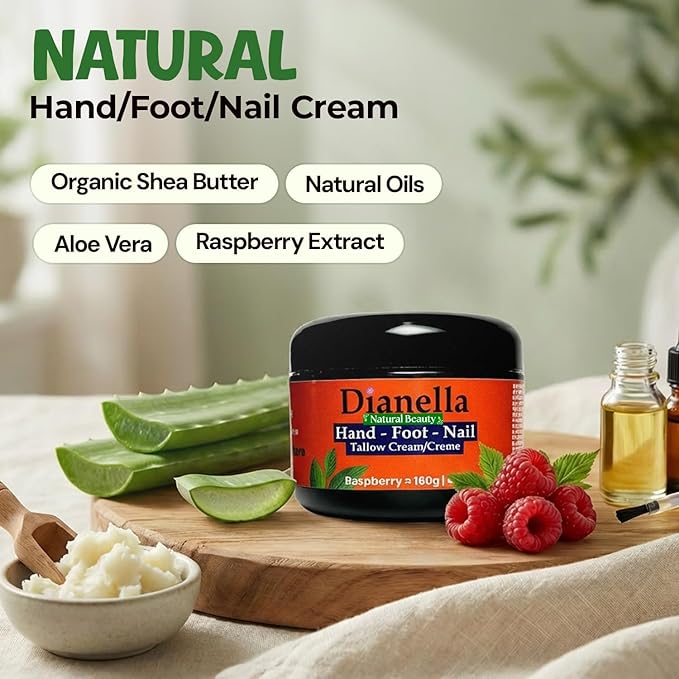 Natural Foot, Nail & Hand Cream - Skin Care & Nourishing Formula – Rich Hydration with Raspberry Scent, Daily Repair Cream for Men & Women, Softens, Protects & Restores Skin – 8oz