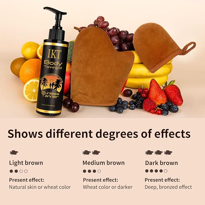 PasaRose Self Tanning Oil,3.38 fl. oz. Premium After Tanning Oil Moisturizer and Ergonomic Vegan Big and Small 2 Tanning Mitts | Streak-Free Self Tanner for Body & Face