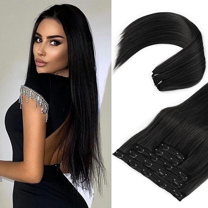 REECHO Clip in Hair Extensions, Hair Extensions Thick Long Lace Weft Lightweight Synthetic Hairpieces for Women (24 Inch-240 Gram(Pack of 5), Black)